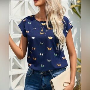 Butterfly Blouse Print Yellow Blue Short Sleeve Women’s Plus Size XL